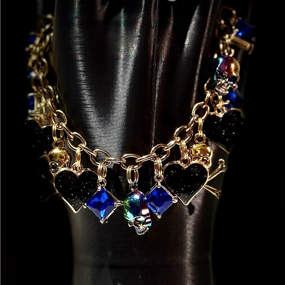 Gold, Blue and Black Skull Charm Bracelet